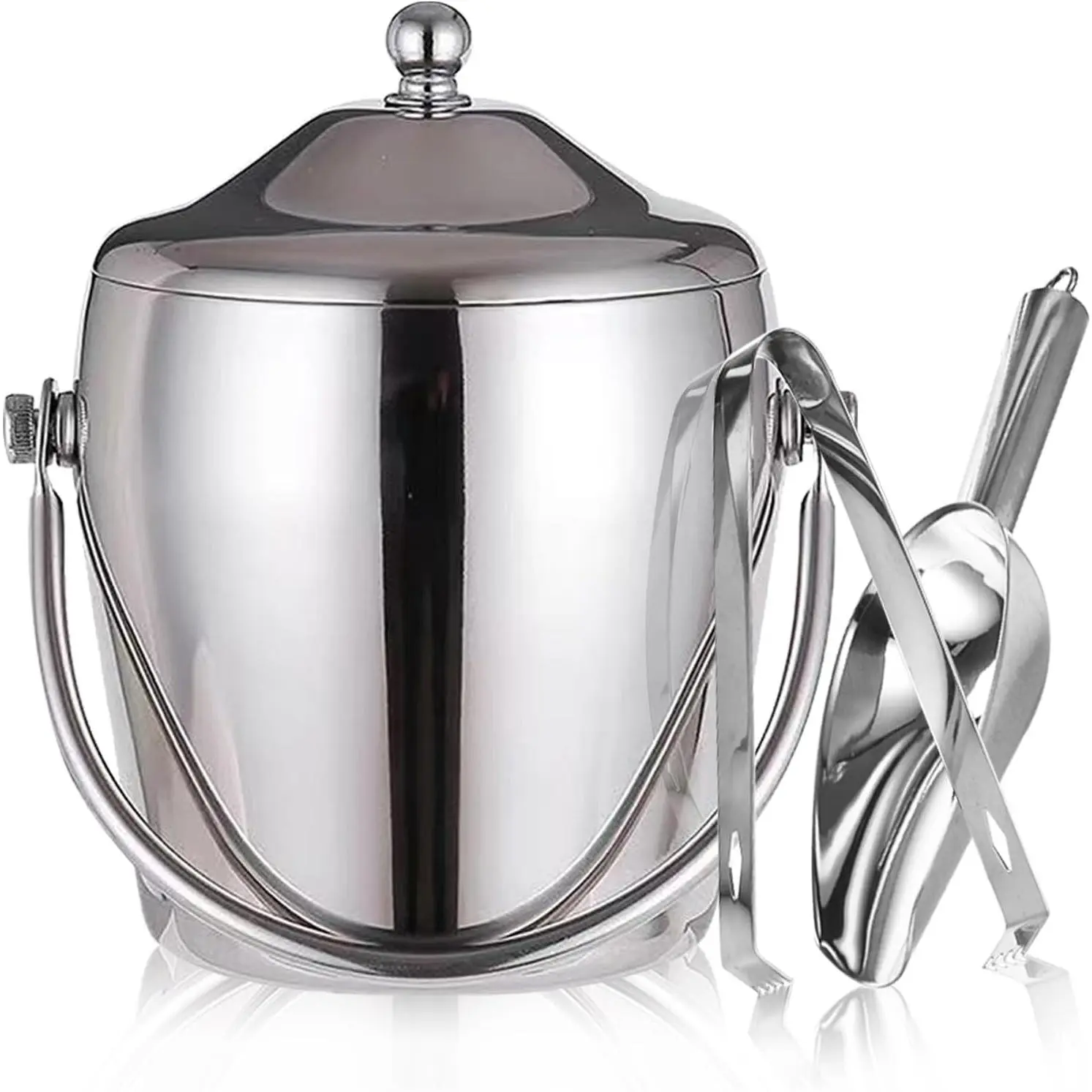 2L Silver Stainless Steel Double Wall Ice Champagne Bucket with Tongs, Scoop, Lid, Stand & Carrying Handle, Mirror Finish Wine Freezer Bucket for Parties, Bar, Home Use