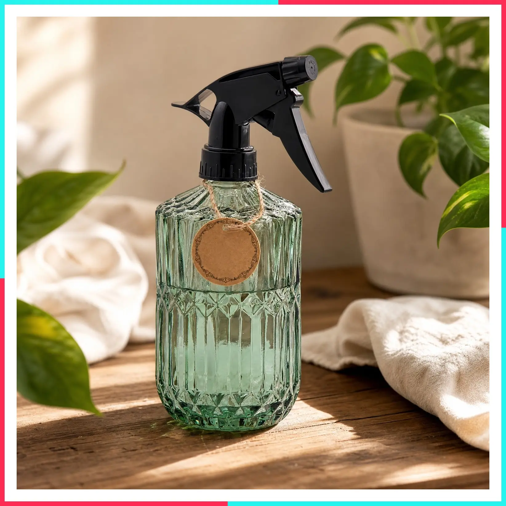 Fine Mist Plant Mister Glass Spray Bottle, 15 oz / 400 ml Adjustable Nozzle Empty Sprayer for Indoor Outdoor Gardening and Cleaning, Vintage Green