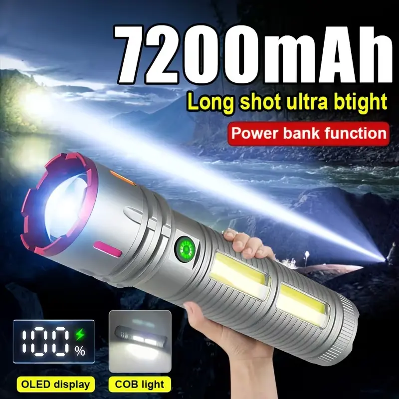 Super bright LED flashlight, 8000 lumens, 4 modes, adjustable focus, USB charging, side COB, aluminum alloy material, 1000m range, high power LED, battery-powered handheld lamp, suitable for outdoor, camping and home emergency use