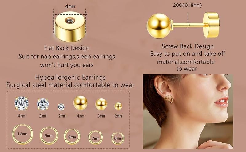 Exquisite Small Hypoallergenic Flat Back Stud Earrings for Women Men 14K Gold Plated Surgical Stainless Steel Earring Sets Tiny Screw Back Cartilage Earring