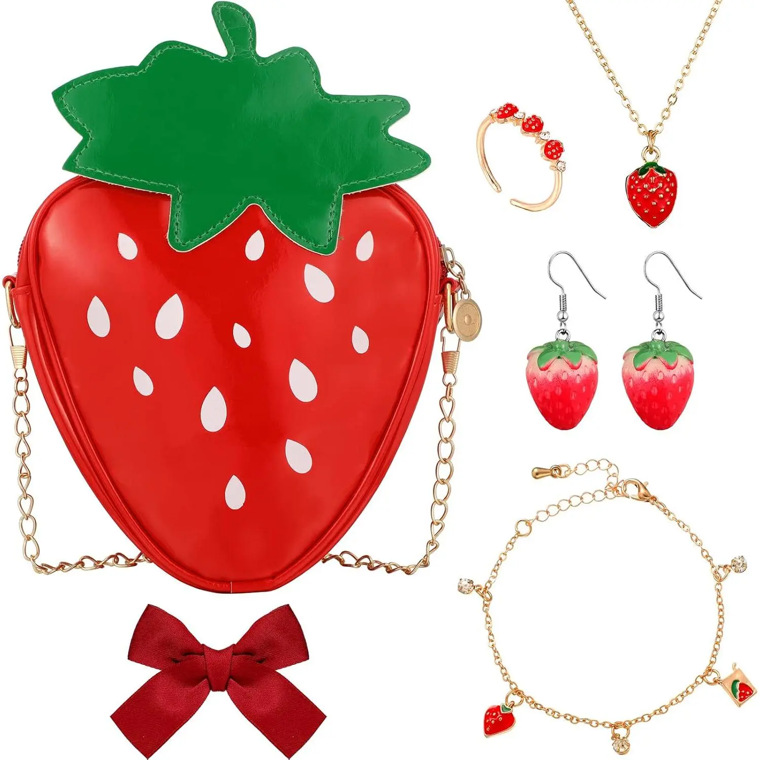 6 count Strawberry  Set Strawberry Purse Bag Earrings Red Necklace Bracelet Ring Charm  for Women Teen Girls