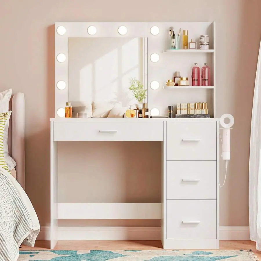 Makeup Vanity With Lights,Vanity Desk With Mirror And Power Outlet,Dresser Table With Drawers And Open Shelves