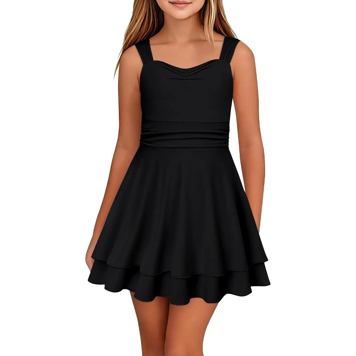 Tween Girls Sleeveless Dress Casual Athletic Dress 7-16 Y | Summer Casual Mini Loose Athletic Girls Dress Kid Ruched Tiered A Line Tween Dress for Daily Homecoming Party