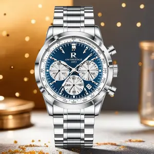 Silver Stainless Steel fashion Men’s Chronograph Watch, Blue Multi-Function Dial Luminous Waterproof Quartz Wristwatch with Date & Tachymeter, Business Sports Dress high-end   men business watch , TikTok Viral Gift for Him