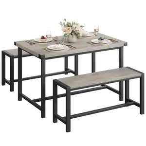 3 Pcs Industrial Dining Table Bench Set, Space-Saving Rectangular Kitchen Table Set, Modern Dinette Table Set with Metal Legs for Small Spaces, Apartments