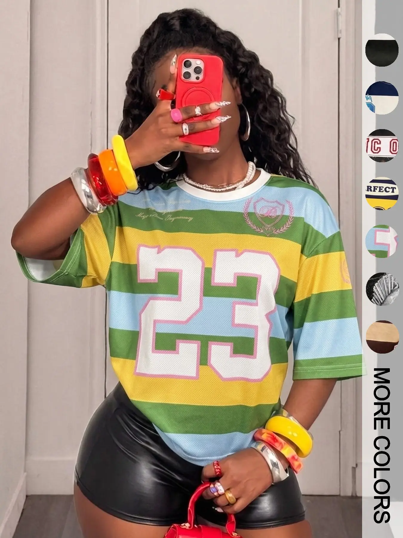 American Vintage Horizontal Stripe Short Sleeve T-Shirt, Multi Badge Print, Loose Fit, Hip Hop Style, All Seasons, Multicolor Printing
