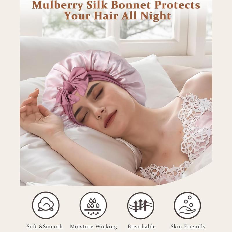 AWAYTR 100% Silk Bonnets for Sleeping Women Men Mulberry Silk Double Layer Hair Bonnet with Elastic Tie Band Reversible Nightcap Gifts for Female Multistyle Wrapcap Haircare