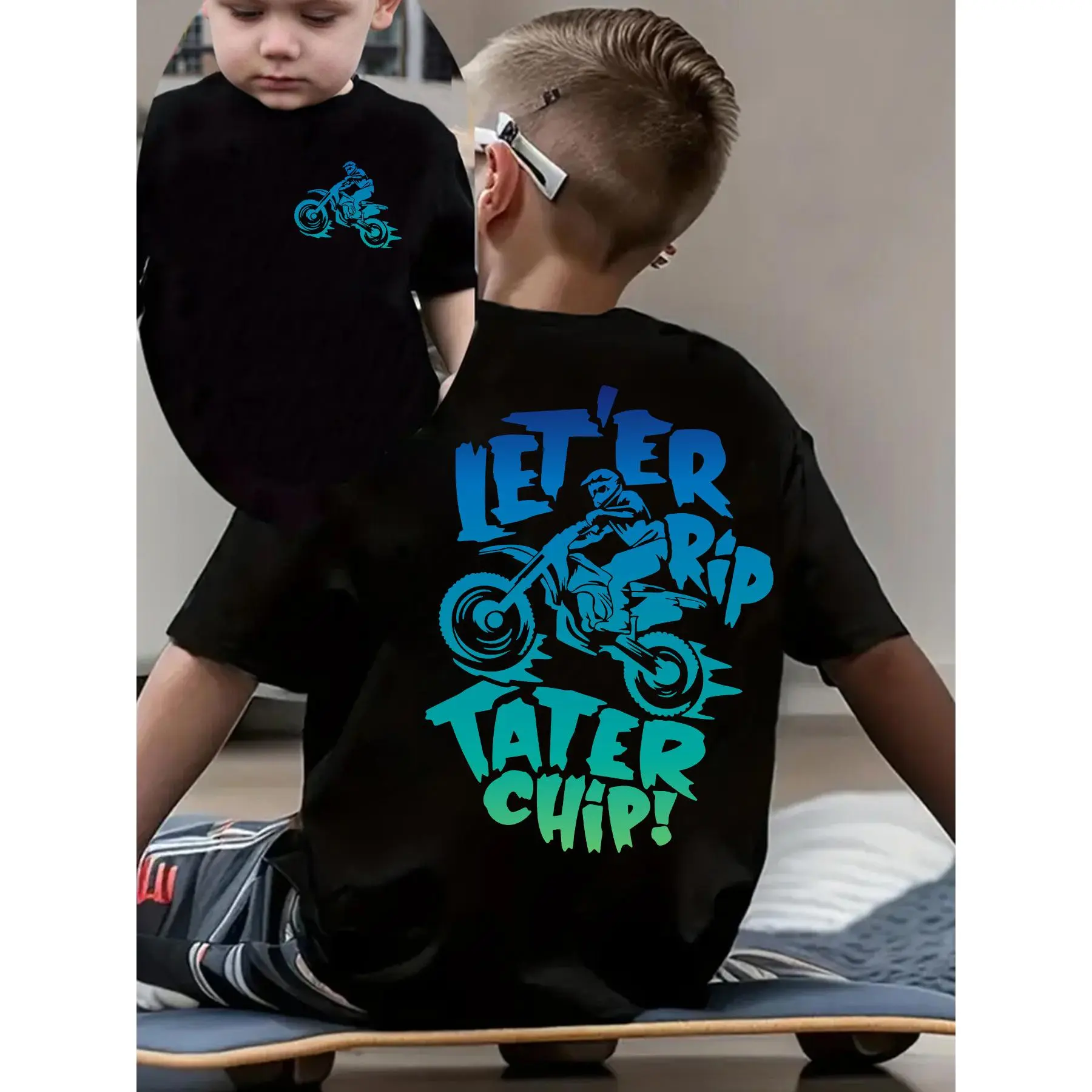 Boys' Summer Cartoon Short-Sleeve T-Shirt Stylish Featuring The Phrase "LET'ER RIP TATER CHIP!" with a Silhouette of a Motocross Rider in a Design, Double-Sided Print for Outdoor Casual Wear, Model NY-DX3313