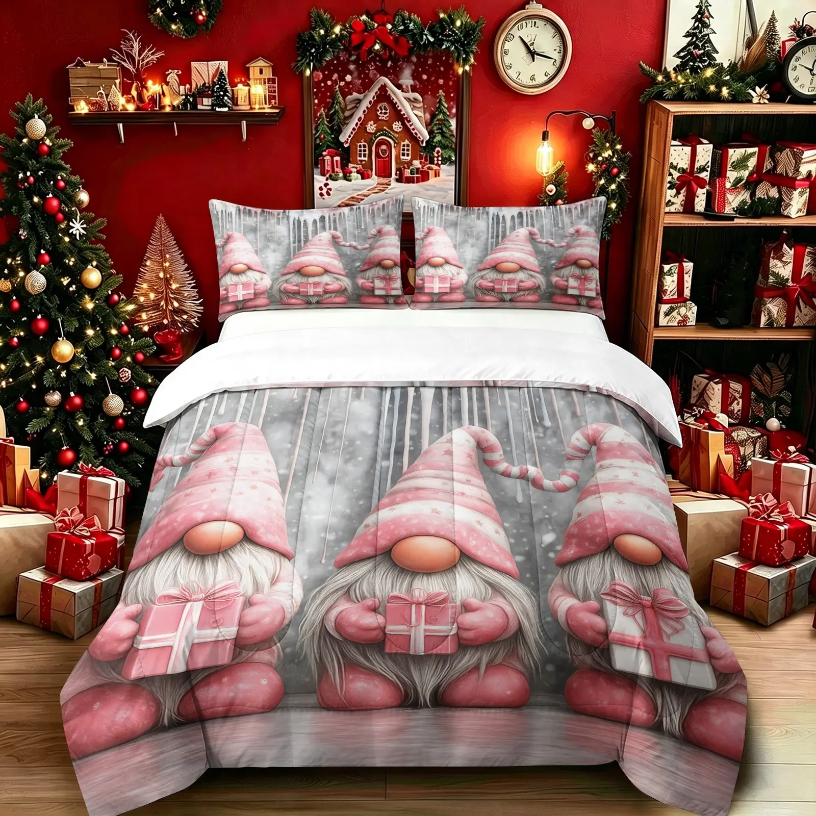 Pink Christmas Gnome Comforter Set (1 Quilt + 1-2 Coreless Pillowcases), Soft Comfy Durable Washable, All Season Microfiber Bedding, Winter Snow Gonk Print Decorative Bed Set for Girls Bedroom Dorm