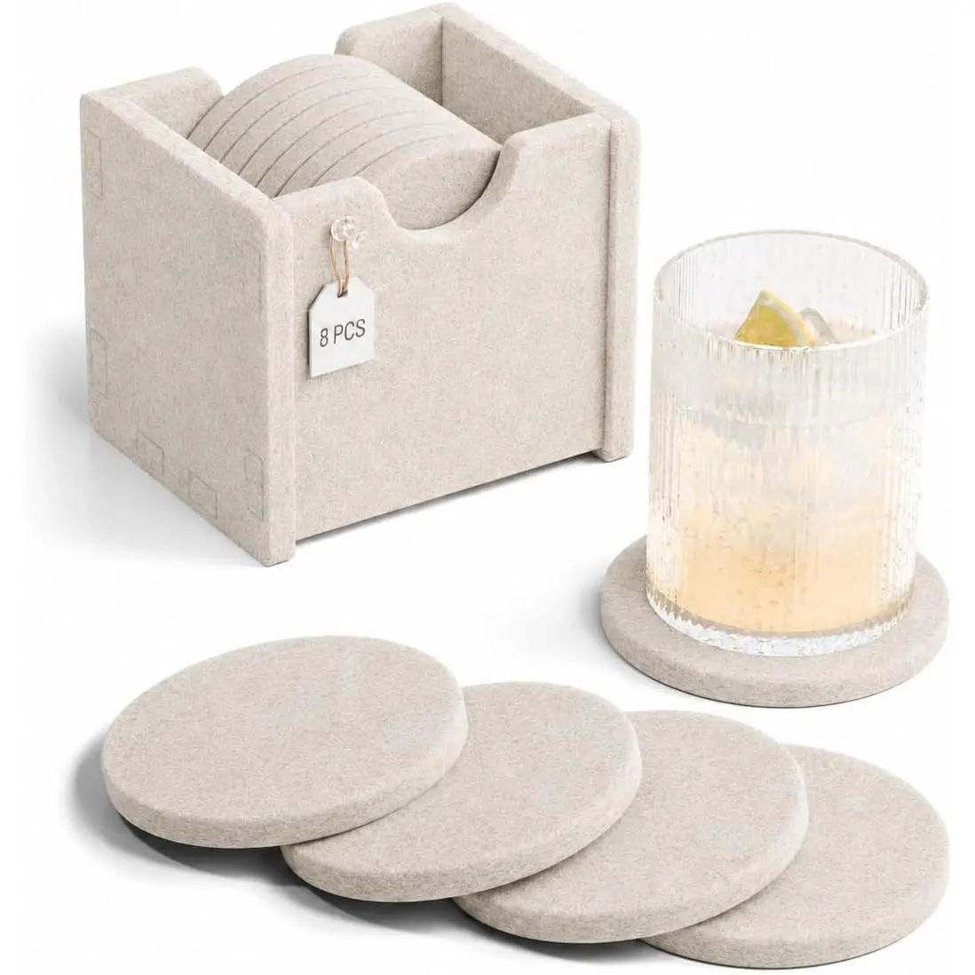 Round Felt Coasters with Holder, Set of 8 (Oatmeal, 3.94 Inch), Absorbent Heat-Resistant Reusable Drink Coasters, Ideal for Coffee Tables & Living Rooms