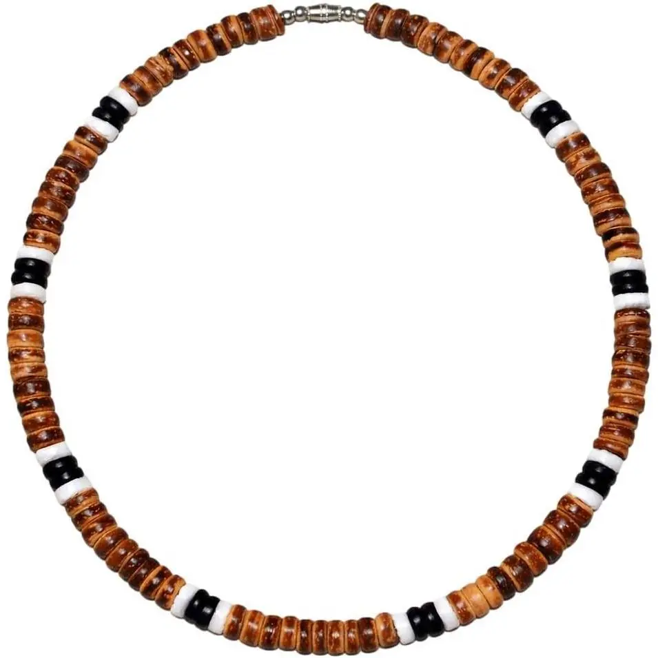 Unisex 8mm Beaded Necklace, Native Treasure Coconut Beads with White Clam Heishi Accents, Stainless Steel Cable, Handmade Philippine Tribal Boho Coastal Wear, Island Surfer Style, Multi-Size