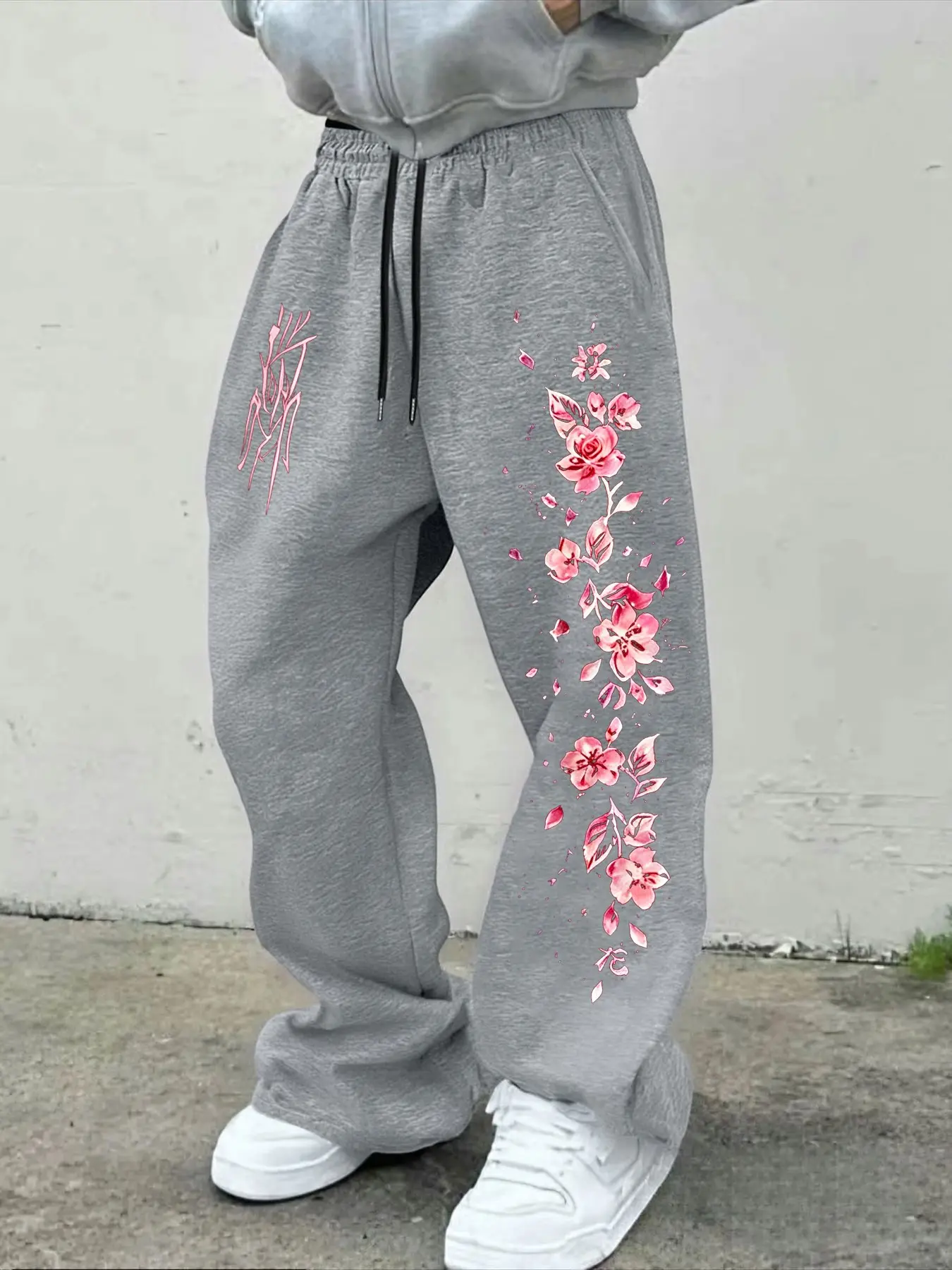 Men's Rose Cherry Blossom Graffiti Text Drawstring Wide Leg Sweatpants, Street Style Loose Fit Long Pants for All Seasons