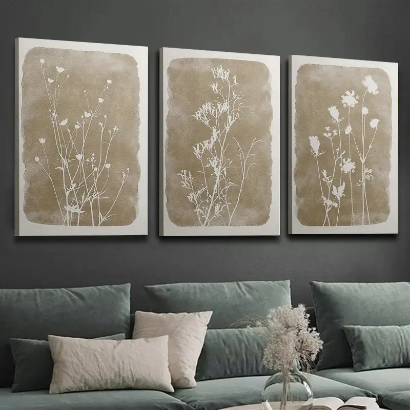 3-piece canvas wood frame poster print, minimalist art, vintage style painting, botanical print, neutral modern farmhouse decor, home room decoration wall art with frame
