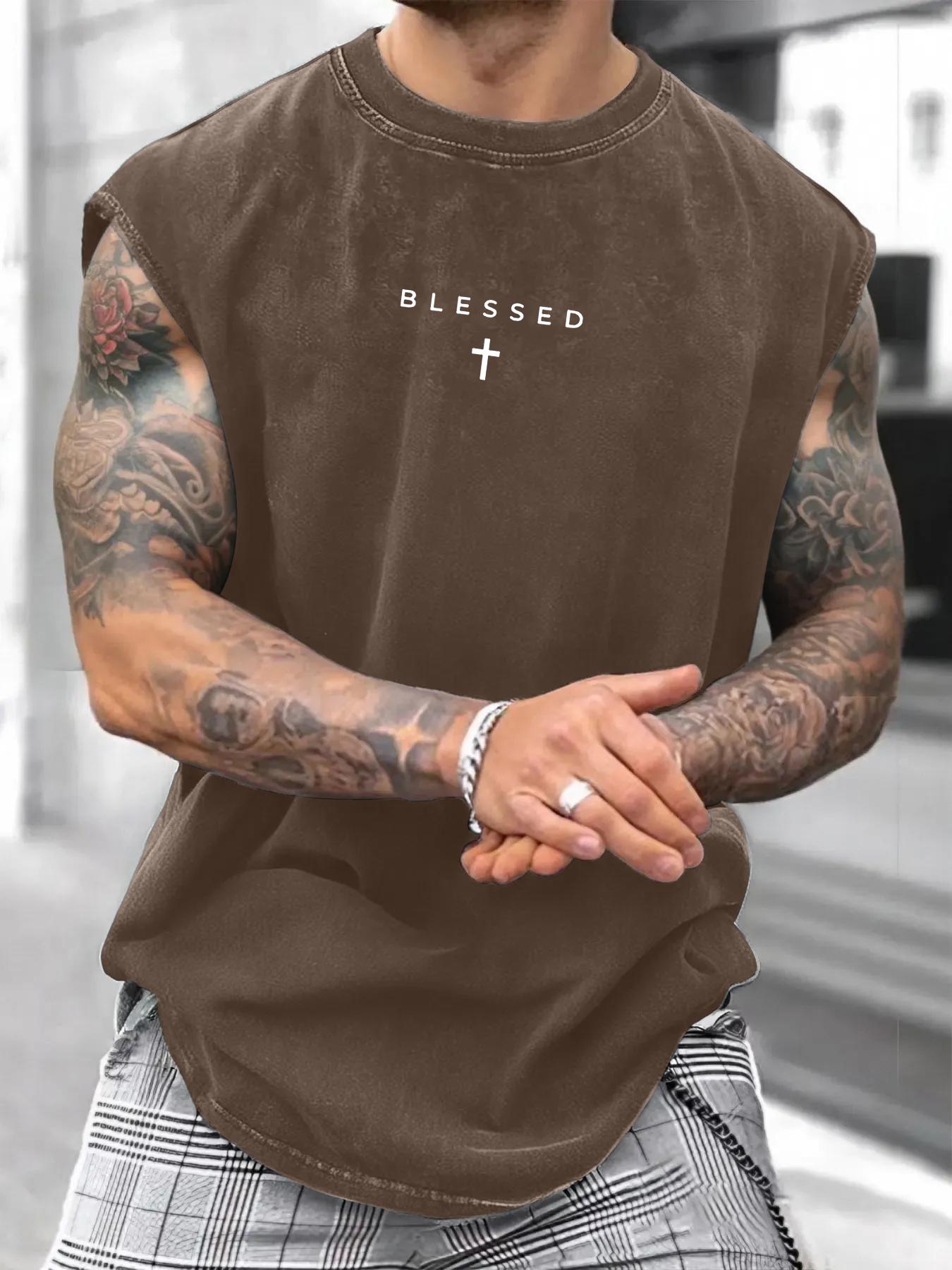 Men's Loose-Fit Sleeveless Short Graphic T-Shirt, Pure Cotton Streetwear Street Style Summer Top, Casual Fashion Design for Daily Wear & Sports