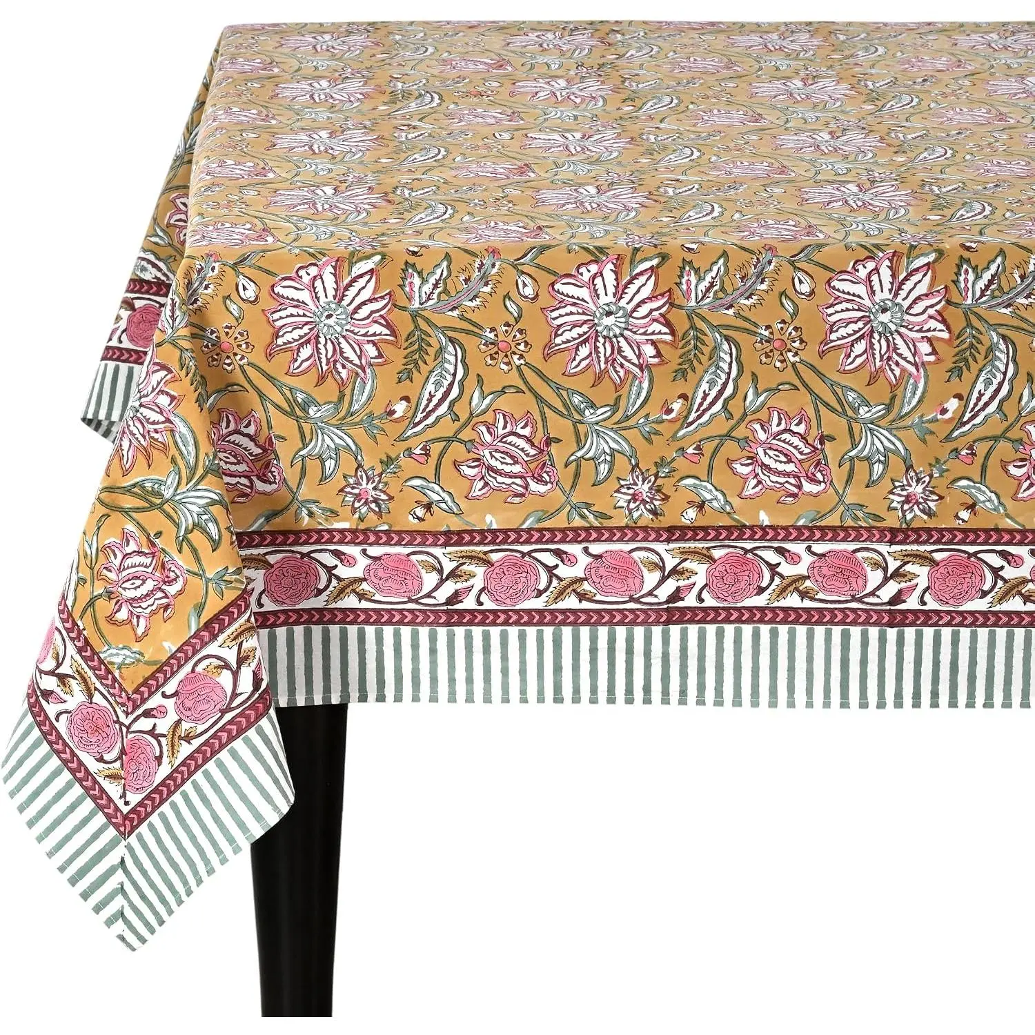 Ridhi Biscotti Yellow Hand Block Print Cotton Rectangle Tablecloth 90" x 60" inches Reusable Table Cover Decorative Everyday Use for Dining Room, Farmhouse, Home Gift for Spring, Mother's Day
