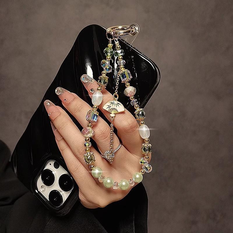 Chinese Style Alloy Tassel Fan Phone Lanyard Handmade Bead Pearl Crystal Strap Phone Case Wrist Hanging Chain Keychain Pendant