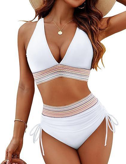 European and American style two-piece swimsuit for women, sexy solid color V-neck tight-fitting backless high-waisted bikini,   women's swimsuit