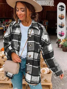 Women's Plaid Print Button Front Coat, Casual Drop Shoulder Long Sleeve Collared Outerwear for Spring & Fall, Women's Clothes for Daily Wear