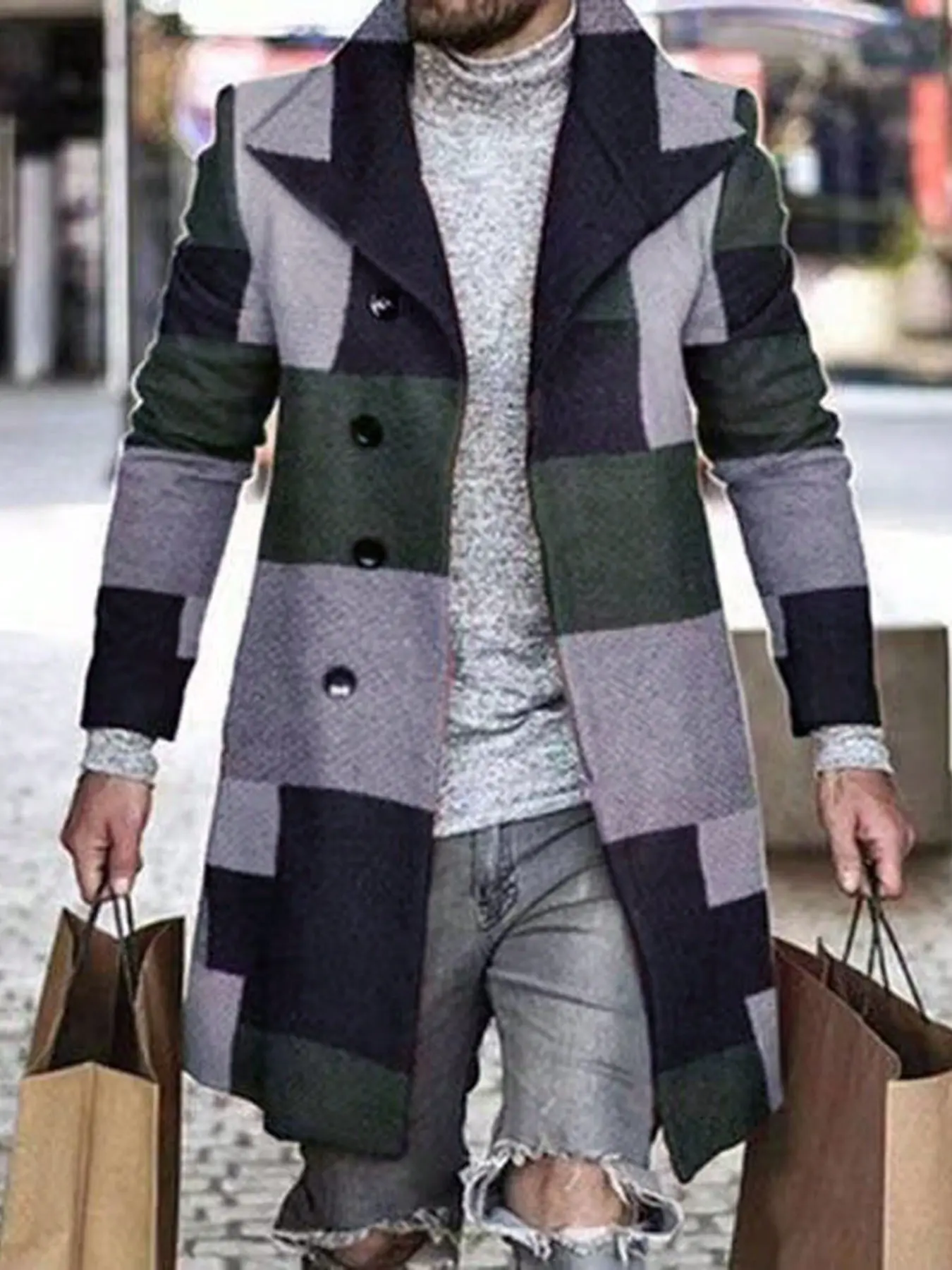 Men's Color Block Plaid Long Coat Lapel Collar Button Front Trench Coat Long Sleeve Outerwear with Back Slit