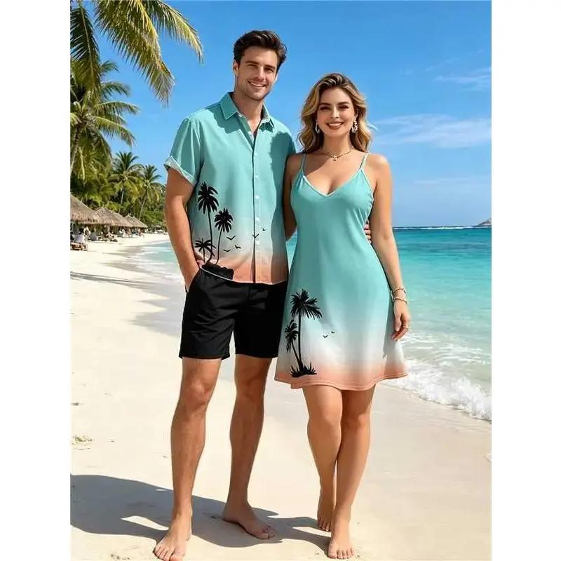 Women's Couple Matching Set, 2026 Ombre Palm Tree Pattern Clothes - Spaghetti Strap V-Neck A-Line Mini Dress & Short Sleeve Shirt for Hawaii Vacation, Cold Machine Wash Summer Outfit, Women's Clothes