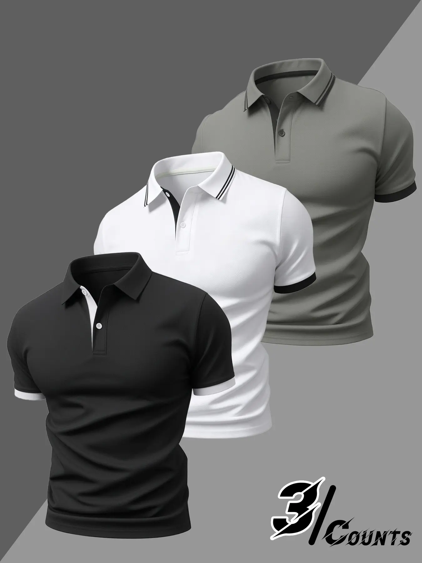 3 Pack Men's Contrast Trim Polo Shirts Set, Solid Color Short Sleeve Button Slim Fit Tops, Breathable Tees for Golf Bowling Business