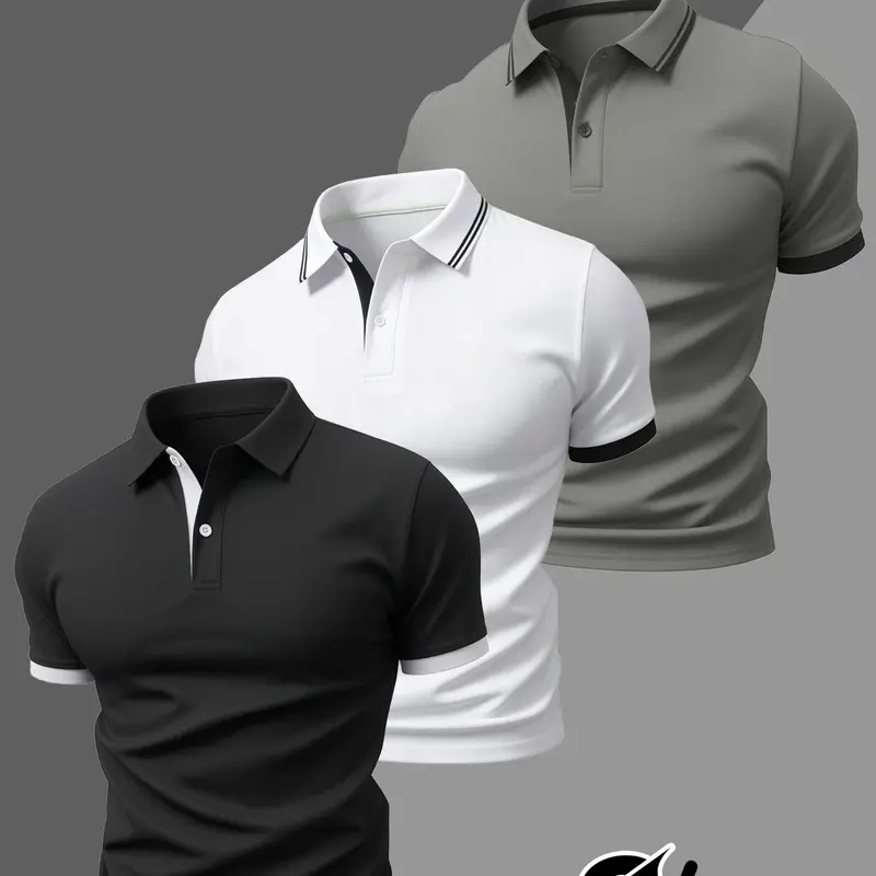 3 Pack Men's Contrast Trim Casual Polo Shirts Set, Solid Color Short Sleeve Button Slim Fit Tops, Breathable Tees for Golf Bowling Business