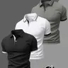 3 Pack Men's Contrast Trim Casual Polo Shirts Set, Solid Color Short Sleeve Button Slim Fit Tops, Breathable Tees for Golf Bowling Business