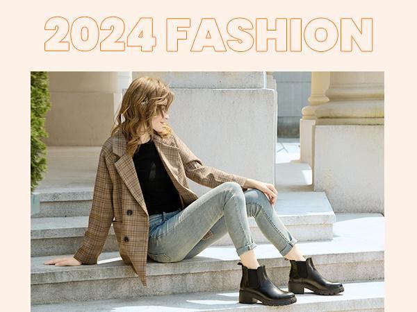 Women's Chelsea Boots Fashion Lug Sole Chunky Heel Slip on Elastic Ankle Booties