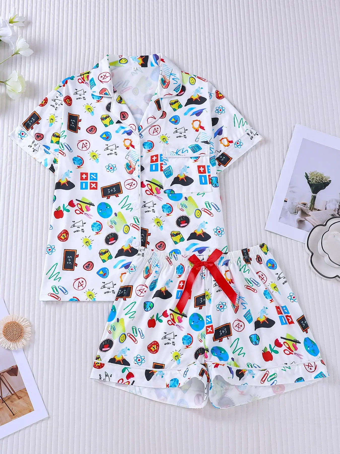 Women's 2-piece school pajama set, white base with cartoon print of blackboards, graduation caps, math formulas, college vibe, white piping trim, lapel top with pocket, elastic shorts, Casual Style Loungewear, all-season women casual loungewear