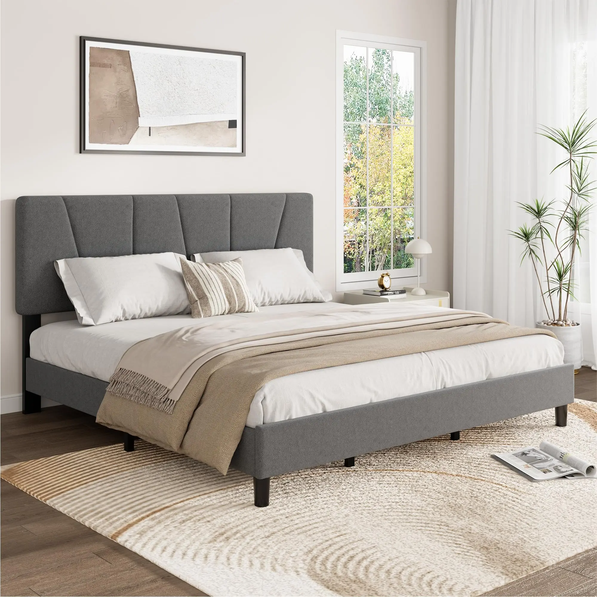 Bed Frame with Upholstered Headboard, Platform Bed Frame with Anti-Squeak Hook-and-Loop Slats, Adjustable Headboard, No Box Spring Needed, Sturdy Metal Support, Noise Free, Easy Assembly