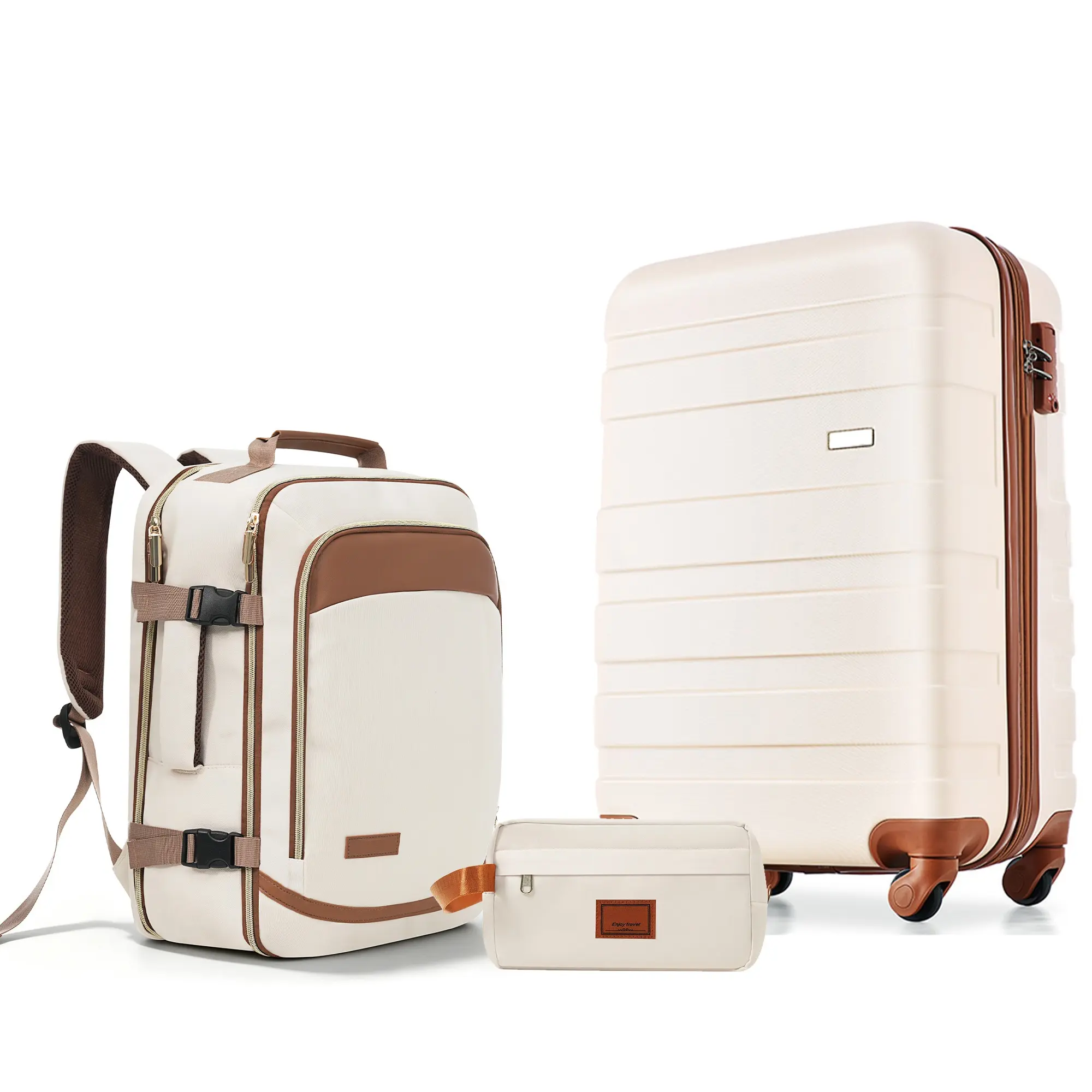 ARCH 3-Piece Luggage Sets - 20-in ABS Plastic Hard Shell Checked Bag, TSA Lock, 360° Spinner Wheels, Telescopic Handle, Travel Duffel, Wet-Dry Toiletry Bag, Ivory & Brown Lightweight Durable Home Organizer Travel Solution for Families