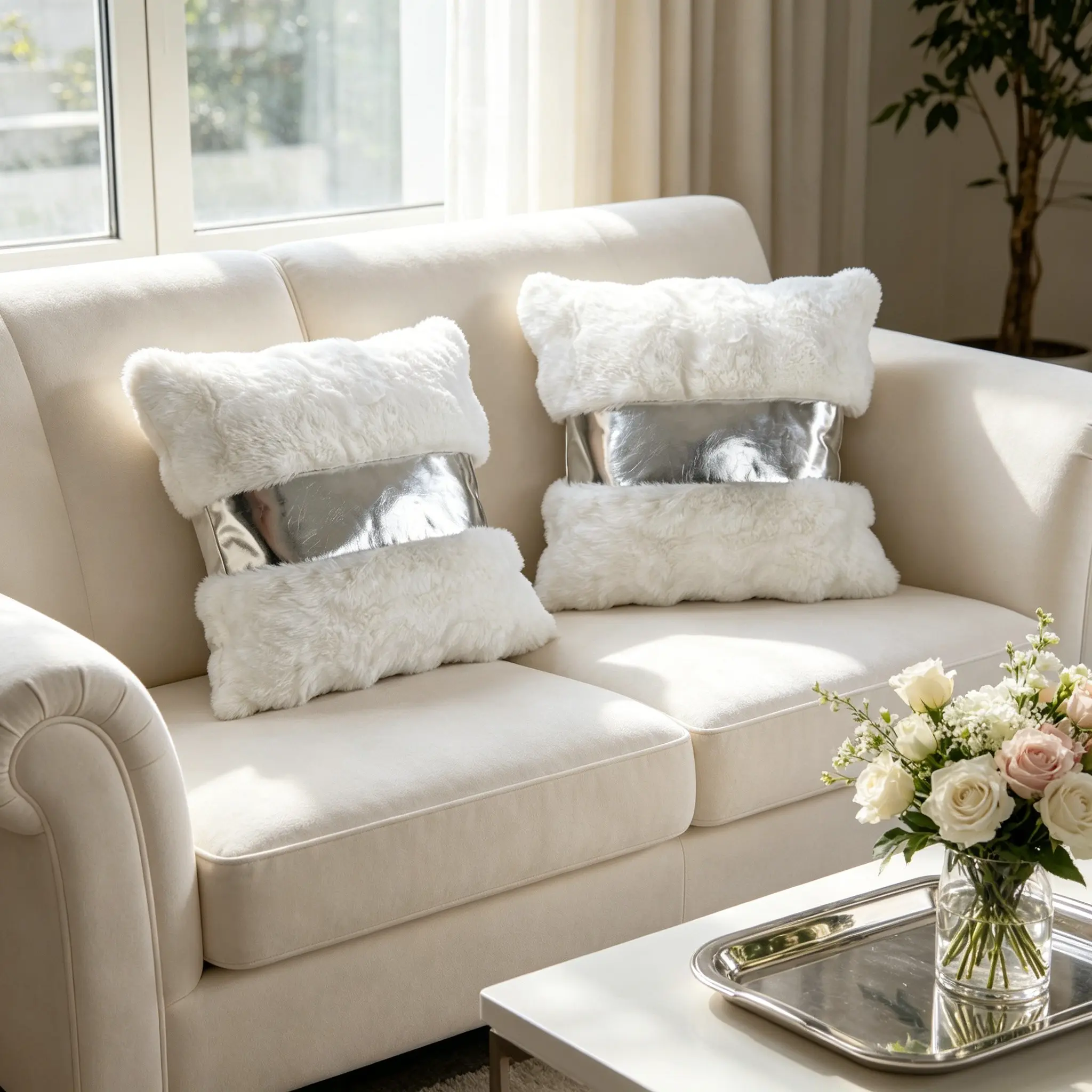Two-Piece Plush Silver Color Leather Pillow Covers, Luxurious and Casual Decorative Pillow Cases, Soft and Comfortable, Ideal for Sofa or Bedroom