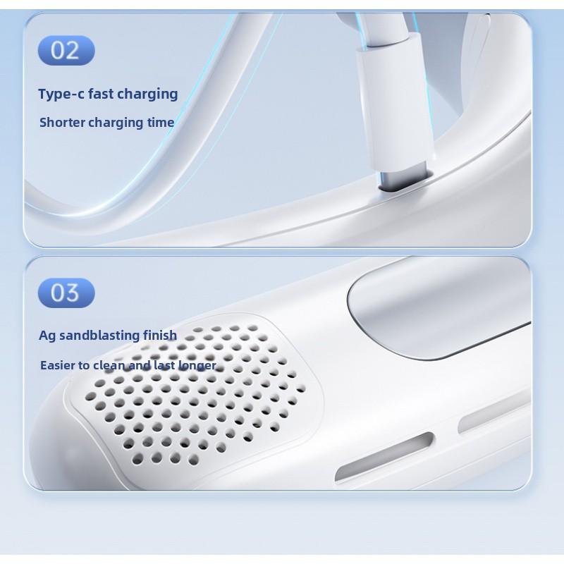 Portable hands-free neck fan with advanced semiconductor cooling technology. Features ice compress function and bladeless design for safe, comfortable cooling. USB rechargeable, lightweight and perfect for outdoor, travel, sports and daily use. Enjoy inst