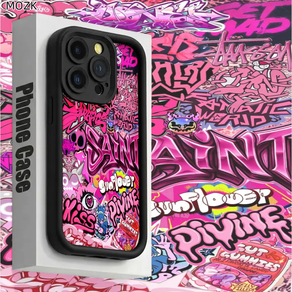 Phone Case - Y2K Graffiti Street Art Phone Case: Vibrant Pink Spray Paint Tags And Retro Stickers Shockproof Case for iPhone 17 E Air 16 15 14 Pro Max Plus 13 12 Mini 11 X XS XR Imitation Liquid Printe