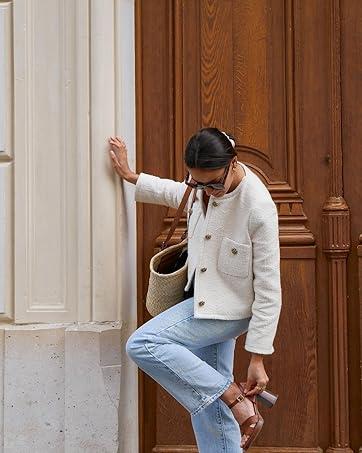 Women's Tweed Blazers Long Sleeve Business Button Down Casual Cropped Blazer Jackets with Pockets