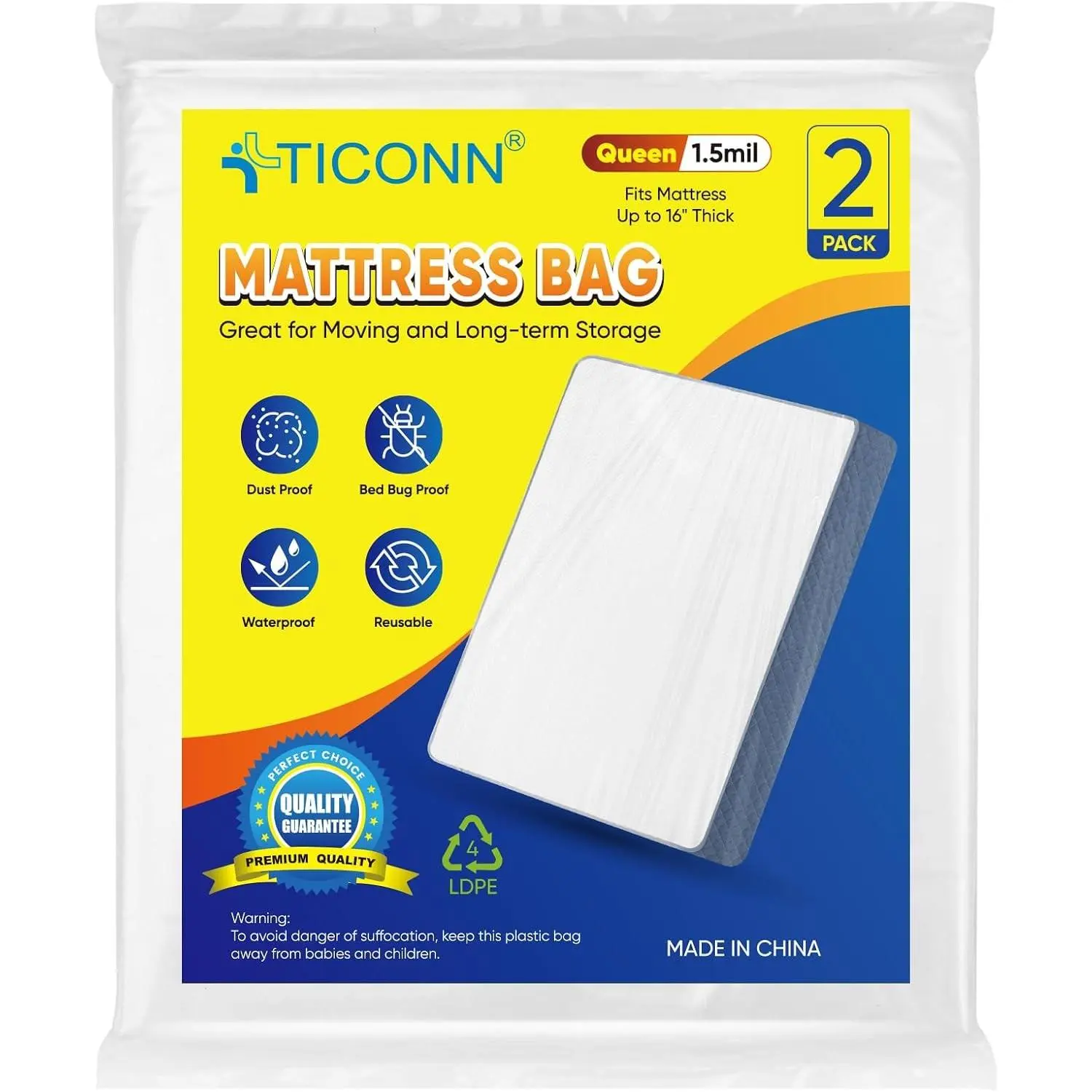 2PK Heavy-Duty Waterproof Plastic Mattress Bag for Moving & Storage, Queen Size Mattress Protector Cover (1.5 mil)