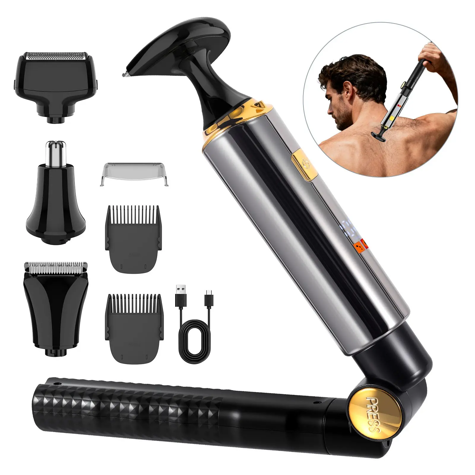 Mens Electric Back Shaver with Long Handle,4 in 1 Pubic & Groin Hair Trimmer, Body Grooming kit Body Trimmer Facial,Arm,Chin Beard Trimmer Cordless Hair Clipper with Adjustable Extension Handel Waterproof