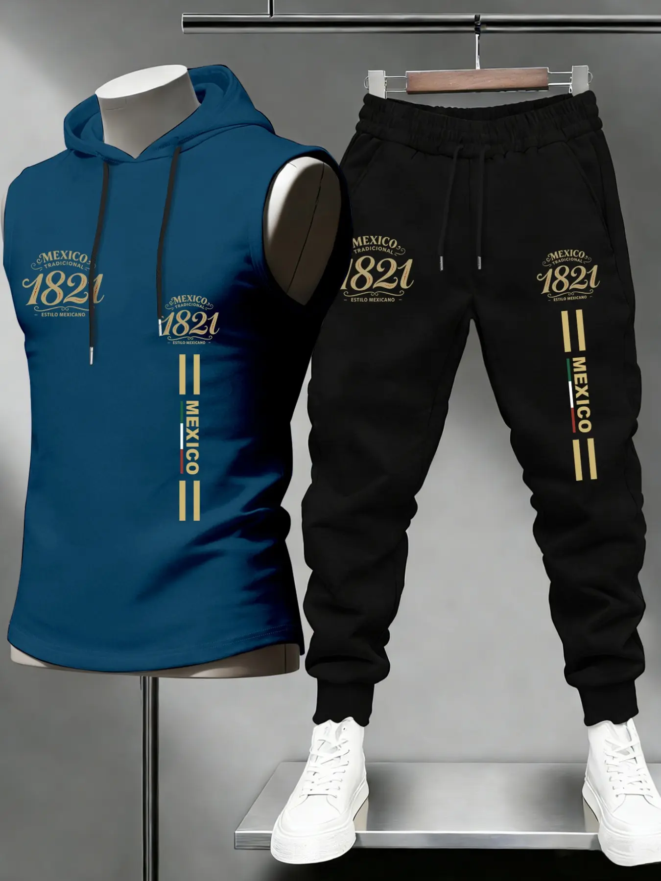 2 Piece Men Matching Outfit Sleeveless Drawstring Hooded Tank Top Elastic Cuffed Jogger Pants Vintage 1821 Mexico Letter Vertical Stripe Chest Leg Graphic Print Loose Latin Heritage Streetwear Tracksuit For Daily Holiday Casual Outfit #tiktokmademebuyit