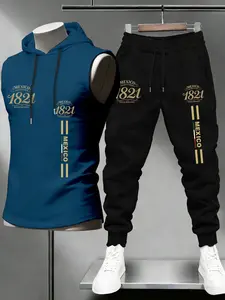 2 Piece Men Matching Outfit Sleeveless Drawstring Hooded Tank Top Elastic Cuffed Jogger Pants Vintage 1821 Mexico Letter Vertical Stripe Chest Leg Graphic Print Loose Latin Heritage Streetwear Tracksuit For Daily Holiday Casual Outfit #tiktokmademebuyit