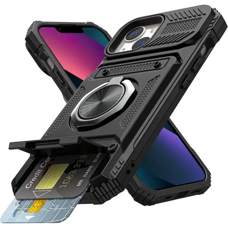 Phone Case for iPhone 17E/16E/15/14/13/11 Promax Pro Plus Wallet Case with Card Holder [Store 2 Cards] + 360° Magnetic Ring Stand Dual Layer Heavy Duty Protective Shockproof Wallet Phone Case Cover for Women Men