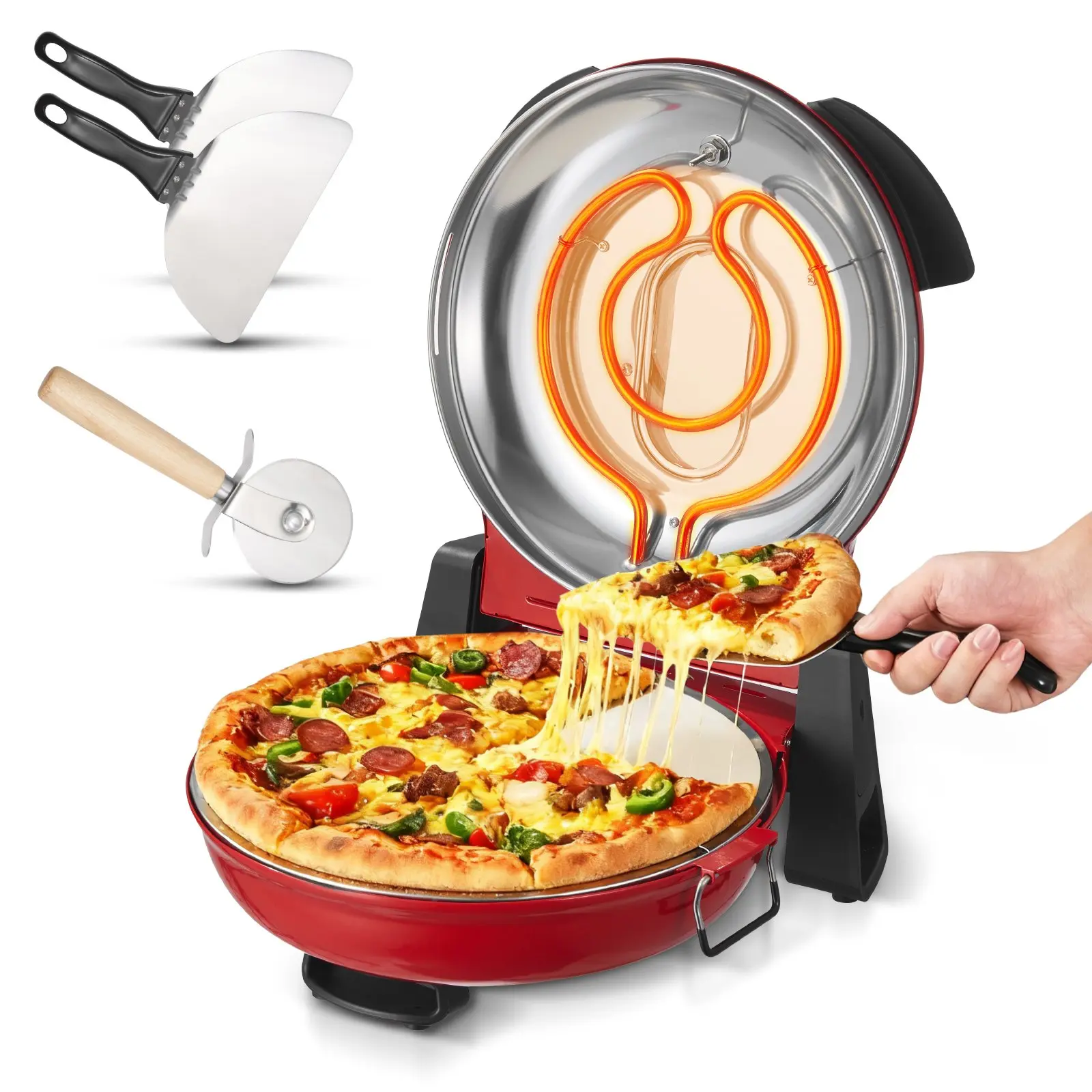 【Black Friday】VEVOR Pizza Oven, 12 in Electric Pizza Maker, 1200W Electric Pizzas Cooker with Cordierite Stone, 5-Mode Temperature Control, Viewing Window for Precise Cooking, Heats up to 788 F, for Home (Red)