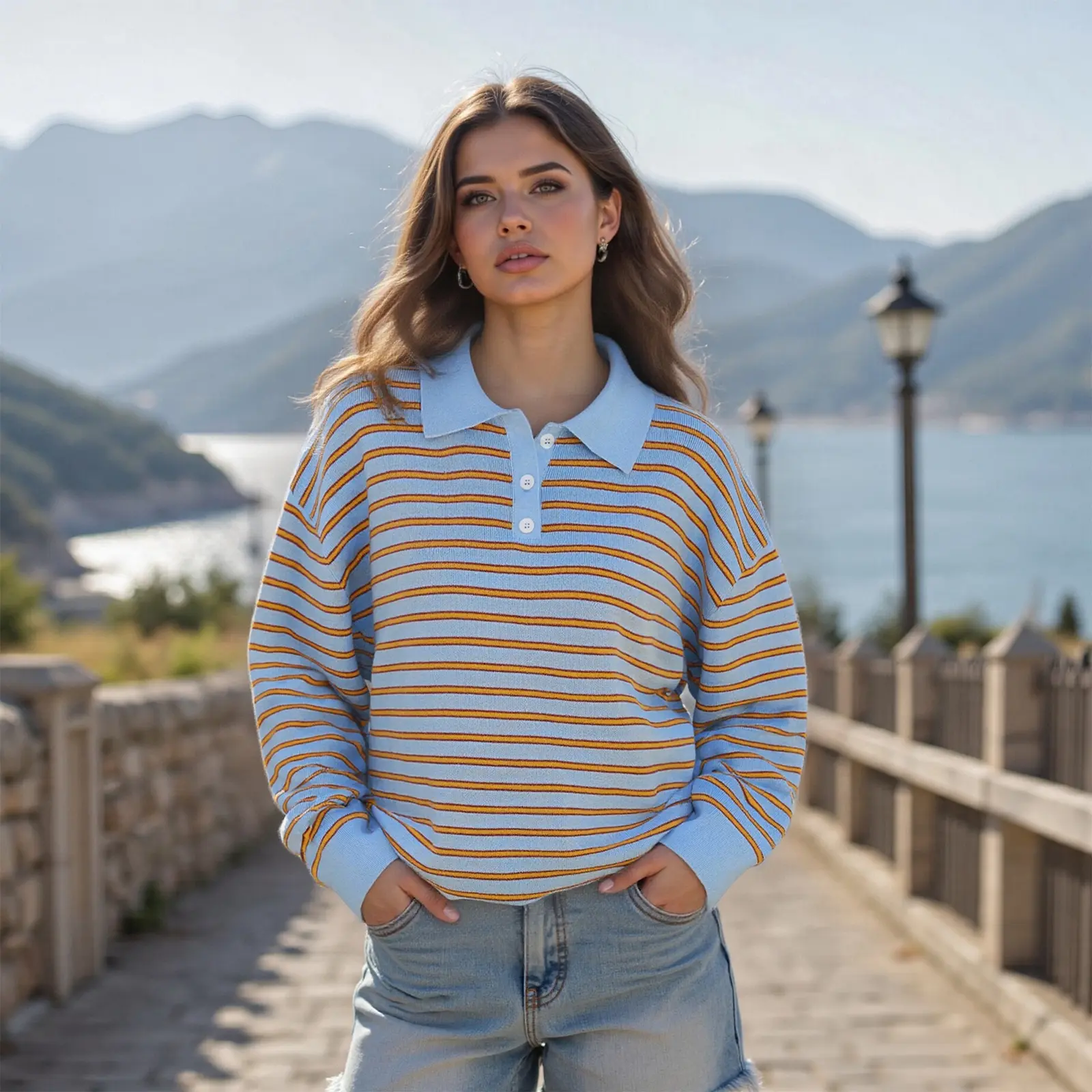 Women's Striped Collared Knit Sweater - Loose Fit Knitwear, Polyester, Long Sleeve Pullover, Casual Fall Winter Tops, Lady