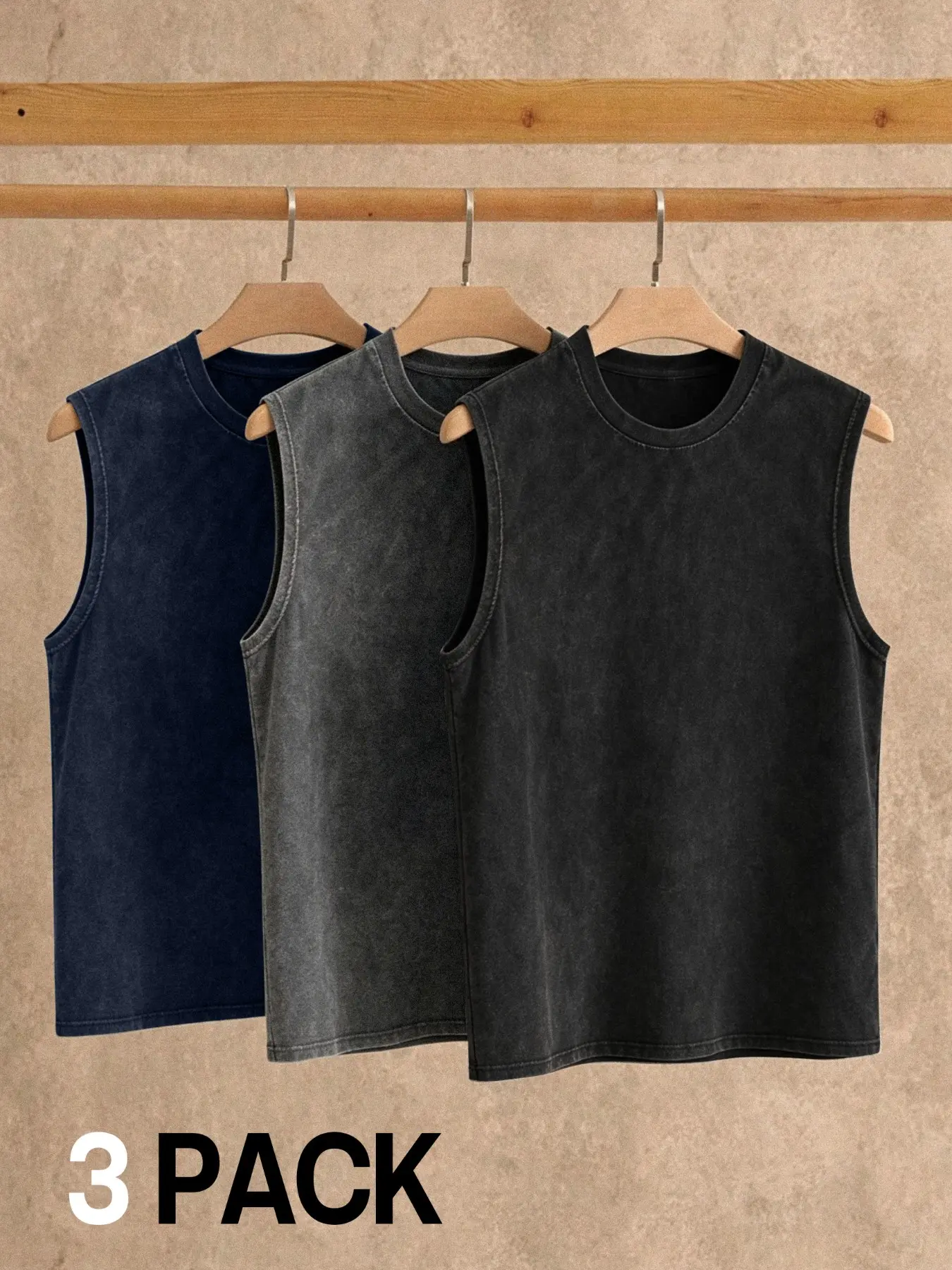 3-Pack Loose-Fit Tank Tops – featuring a washed, distressed finish. Made from cotton fabric that is lightweight, breathable, and moisture-wicking; a versatile basic suitable for lounging, vacationing, or layering.