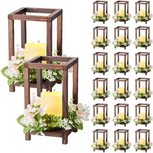 VEVOR 12 Set/36 Pcs Wooden Wedding Lantern Centerpiece, Includes 12 Wooden Lantern Candle Holder 12 Flameless LED Candle 12 Eucalyptus Leaves Wreath for Wedding Table Party Farmhouse Decor, White