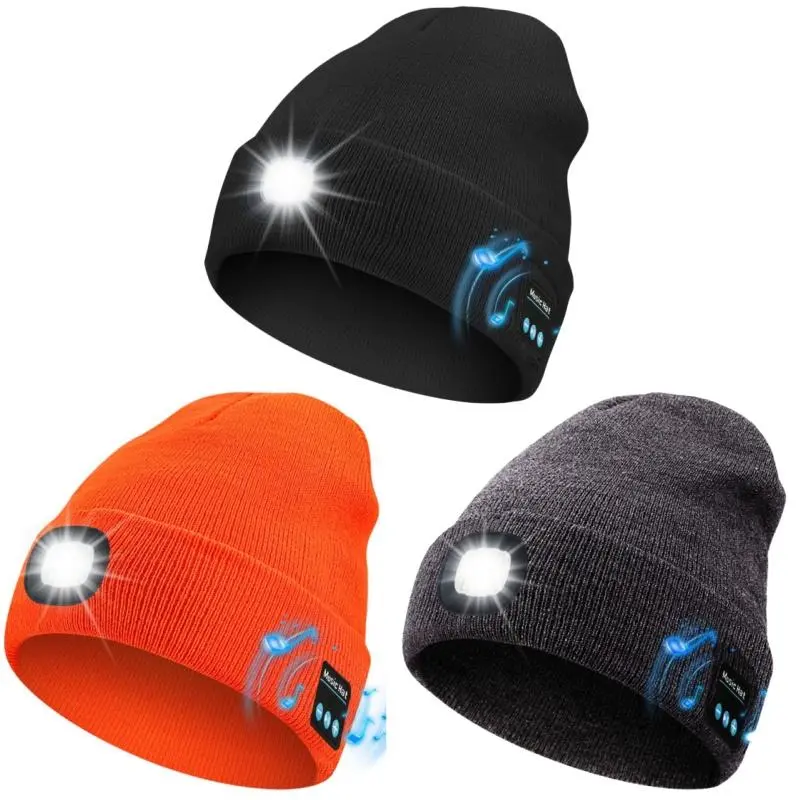 Bluetooth Beanie Hat with LED Light, Wireless Headphones, Rechargeable Winter Knit Hat for Men Women, Music Hat for Running, Hiking, Cycling, Camping & Outdoor Sports