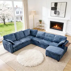 116" Large U-Shaped 7-Seater Sectional Couch Modular Sectional Sleeper Sofa w/ Pull Out Bed & Ottoman & Charging Port & Foldable Side Table, Comfy Chenille Cloud Sofa for Living Room