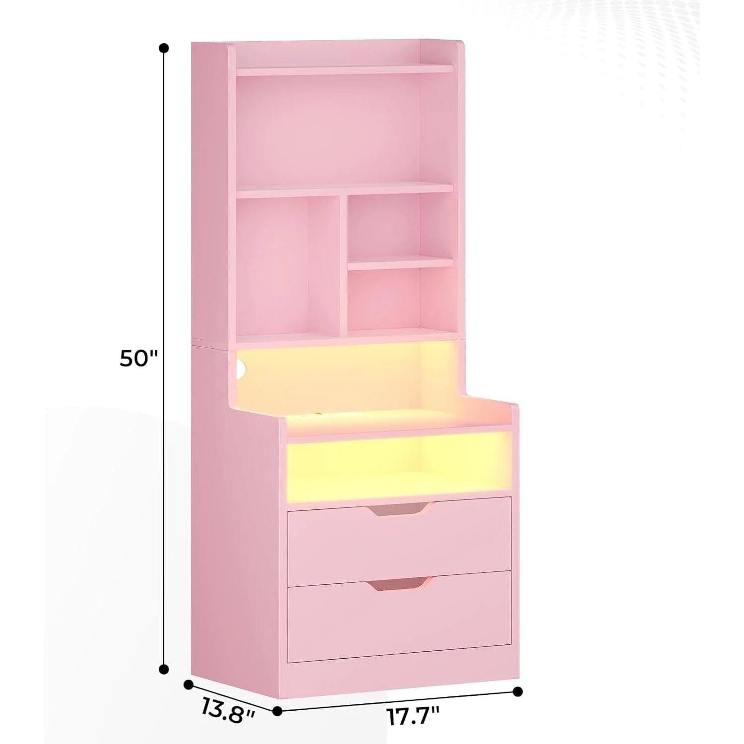Sikaic LED Tall Nightstand with Bookshelf Charging Station Pink Modern Bedside Table RGB LED Lights 2 USB Ports Storage Drawers Multifunctional Light Strips Sikaic LED Tall Nightstand with Bookshelf Charging Station Pink Modern Bedside Table RGB LED Lights 2 USB Ports Storage Drawers Multifunctional Light Strips