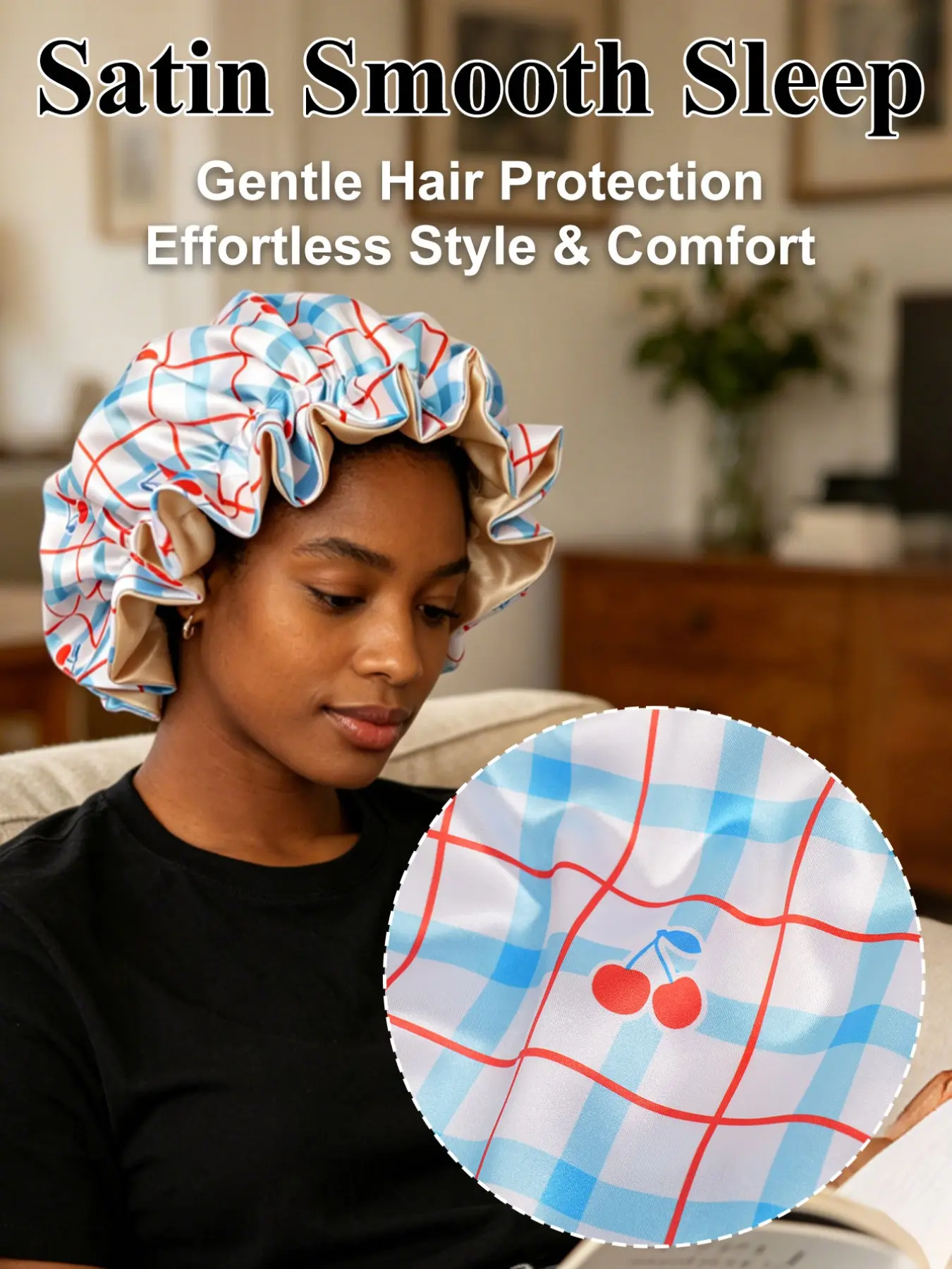 Cherry Plaid Lace Satin Sleep Cap, Elegant Double-Layered Lace Hat, Tie-Back Nighttime Sleep Cap, Lightweight Elastic Bath/shower Cap, Women's Hair Cap