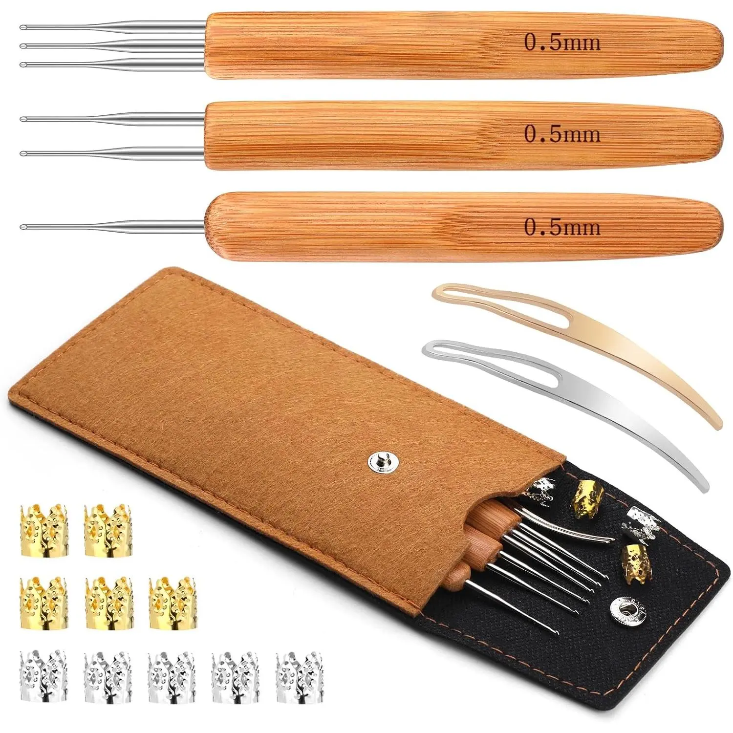 3 count Dreadlocks Crochet Hooks for Hair, Braid Hair Dreadlocks  Weaving Crochet with Felt Bag,  Handle Crochet Hook for Hair Dreadlock Braid Craft 0.5mm(1, 2, 3 Hooks)