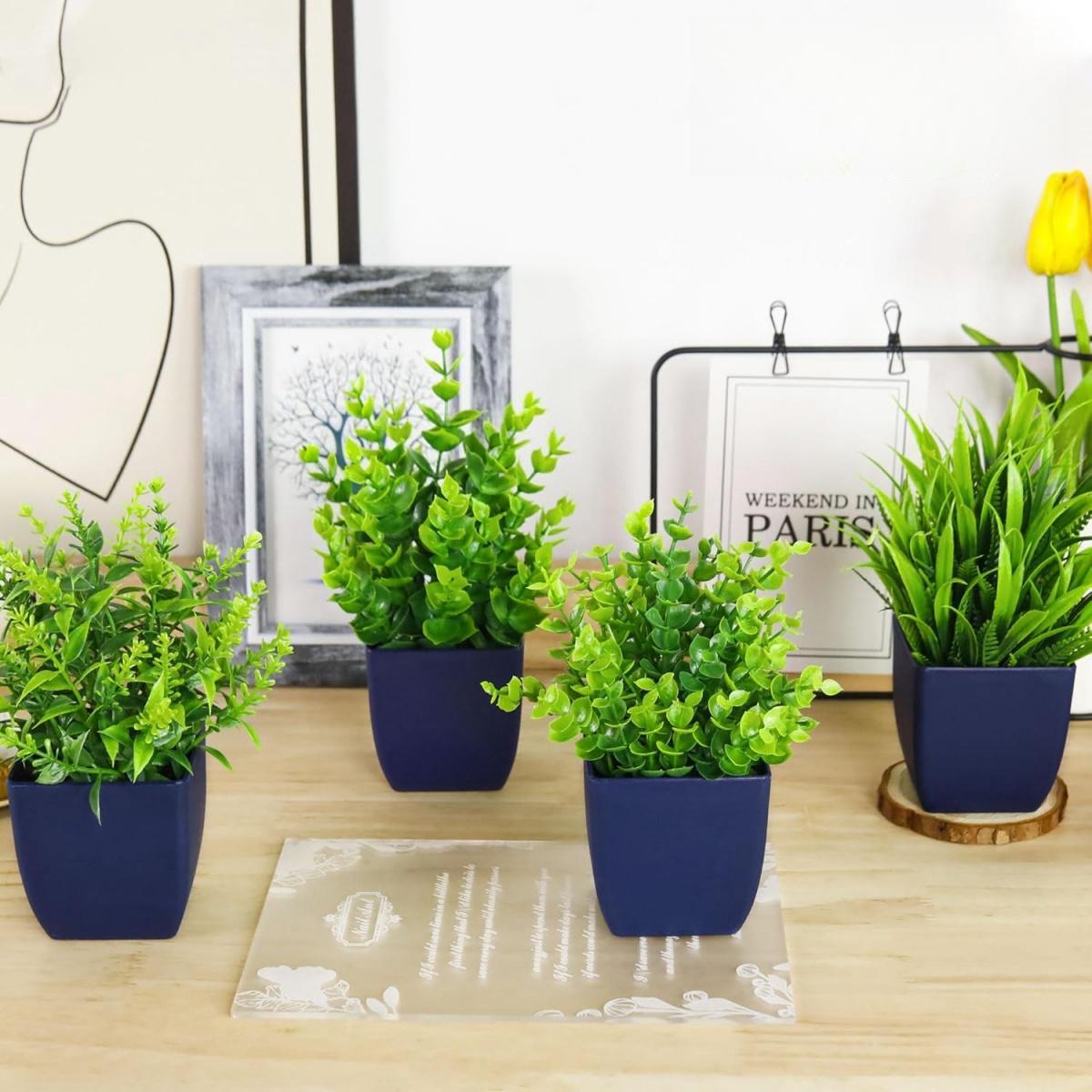 Artificial Potted Plant Set, 4-Count Faux Plants with Pots, Fake Plants for Home and Office Shelf Decor, Garden Ornaments